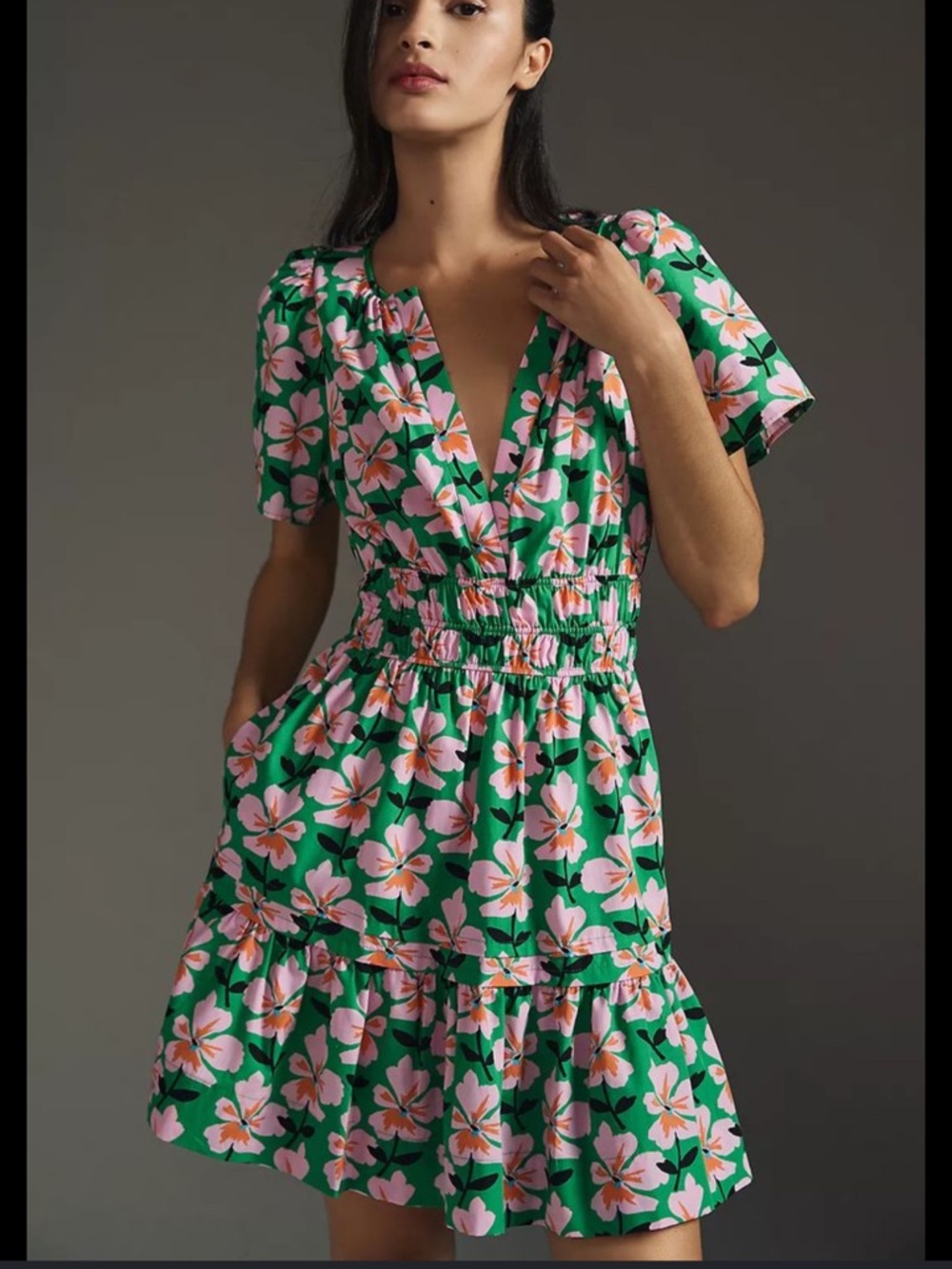 Anthropologie Somerset mini dress Green Floral Smocked Waist.